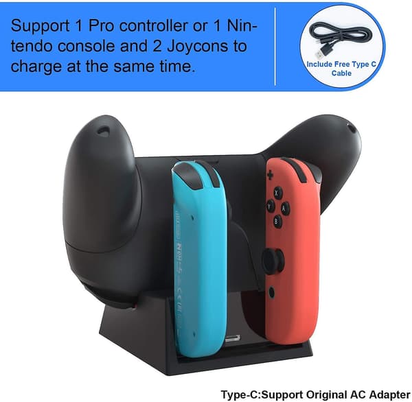 3 i 1 ladestasjon kompatibel med Switch/OLED Joycons, ladestasjon for Pro Controller