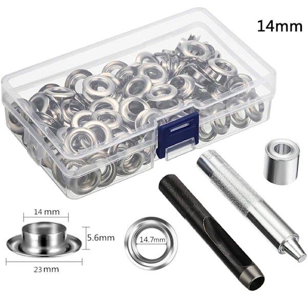 Genomföringsverktygssats 100 set Genomföringar Öljetter 6 mm 10 mm 12 mm 14 mm Innerdiameter Silver för Kläder Skor Väska Läder Hantverk DIY 12mm