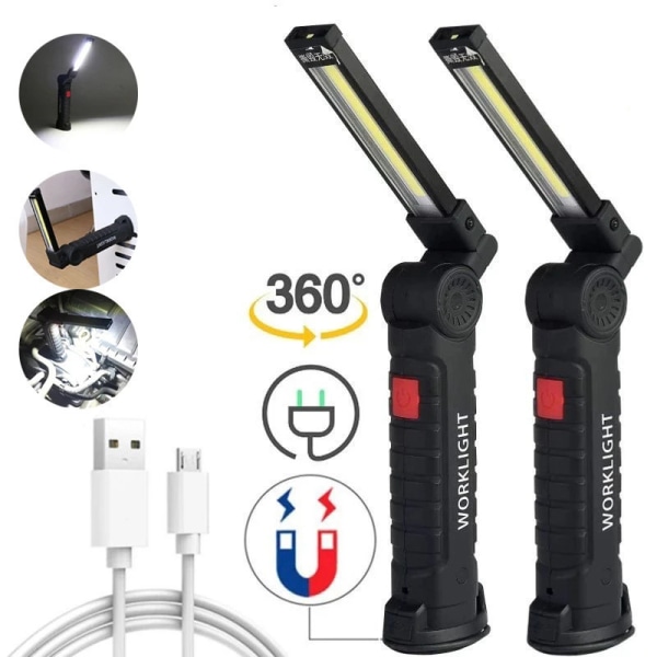 Ledlampa, 2 paket uppladdningsbara arbetslampor, arbetslampa med magnetisk bas och upphängningskrok, 360 rotation i 5 lägen