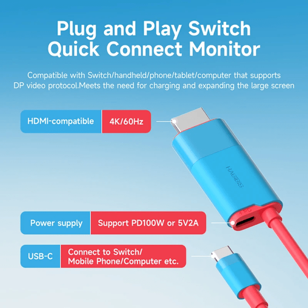 Switch Dock til Nintendo Switch/OLED USB C til HDMI-kompatibel Kabeladapter 4K60Hz 100W PD