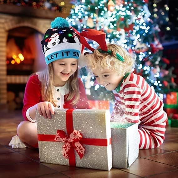 Lysende Julehatt, LED Julehatter med Lys, Blinkende Julelue Strikket Lue for Barn Voksne Gutter Jenter