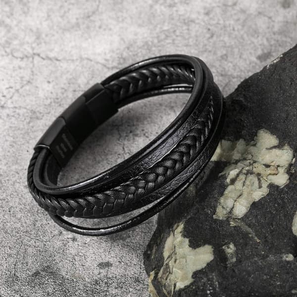 Mænds Armbånd i Rustfrit Stål Ægte Læderarmbånd Flettet med Spænde