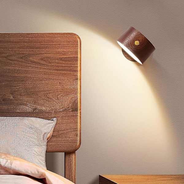 Trä magnetisk vägglampa, 360° roterbar LED-vägglampa, USB-uppladdningsbar, batteridriven, dimbar, magnetisk skåpslampa, hushållsbelysning