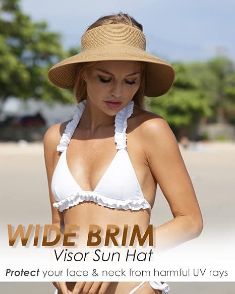 Women's Sun Hat, Wide Brim Straw Hat, Roll-up, Foldable, Ponytail, Summer Beach Hat, UV UPF khaki