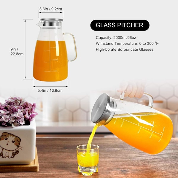 Vandkande, 2 L glaskande med låg og præcis skala, iste-kande i rustfrit stål, let at rengøre varmebestandig borosilikat mælkekande til juice