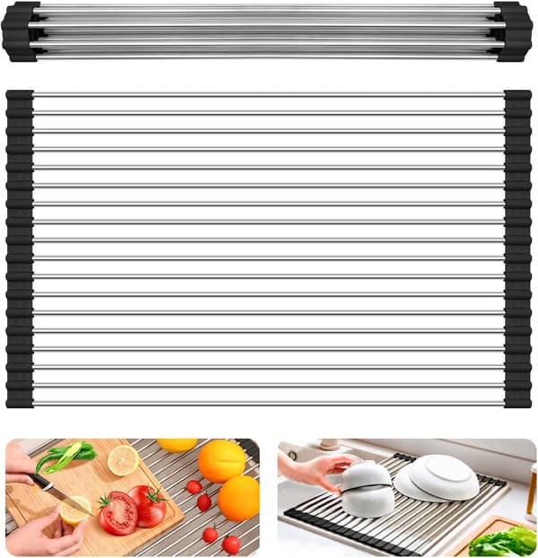 Foldable Dish Drying Rack, Over Sink Kitchen Rack, Foldable Multifunctional Dish Rack, Non-slip Silicone and 304 Stainless Steel Tube
