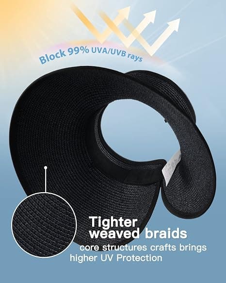 Women's Sun Hat, Wide Brim Straw Hat, Roll-up, Foldable, Ponytail, Summer Beach Hat, UV UPF black