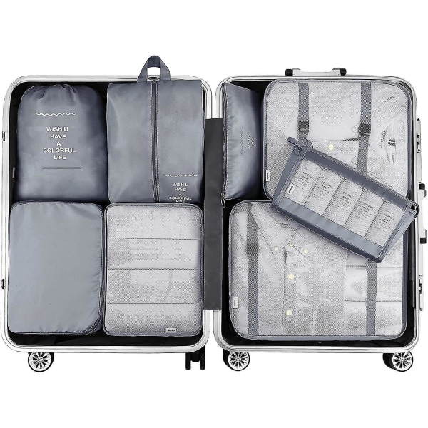 8 stk. Organizer Sett Bagasje Koffert Oppbevaringsvesker Pakking Reisekuber Gaver Grey