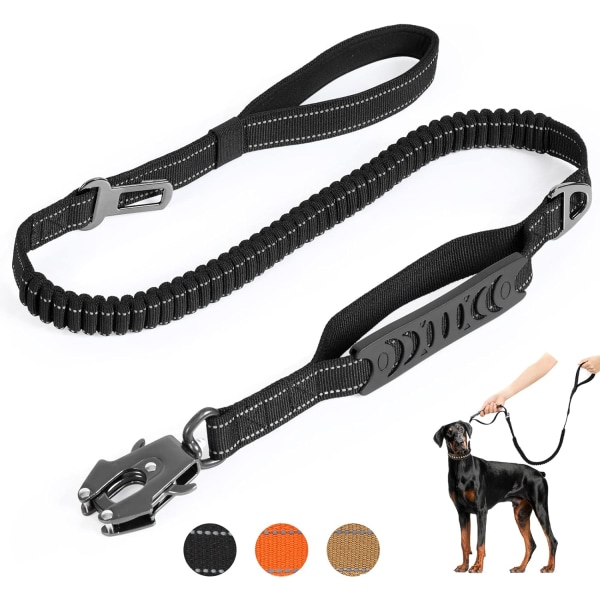 Tungt Hundkoppel 4-5FT Taktiskt Justerbart Bungee Power Stretch Koppel Hundar Upp till 160lbs Reflekterande Starkt Hundkoppel med Bilbälte (Svart)