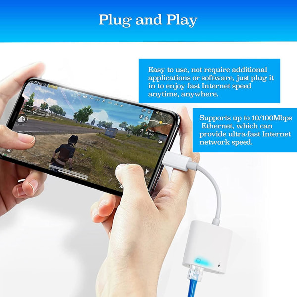 Lightning till Ethernet-adapter, [kompatibel med Apple Mfi-certifierad] 2 i 1 RJ45 Ethernet LAN-nätverksadapter med laddningsport, Plug and Play, Support