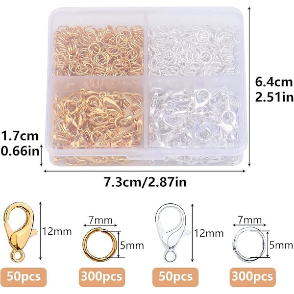 700 stk. hummerlåse, 2 farver 12 mm hummerklolåse med 7 * 5 mm springringe til smykkefremstilling og armbåndsdekoration Tilbehør DIY (guld, S