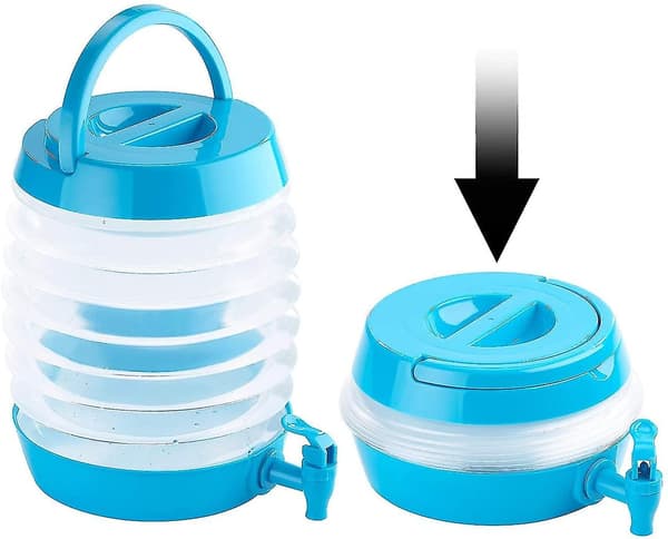Vannbeholder: sammenleggbar beholder, tut, stativ, 5,5 liter, blå/transparent (foldbar vannbeholder)
