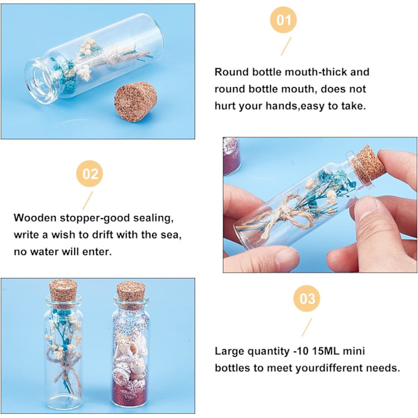 10 st Små korkade flaskor 15ml klara pärlbehållare Glasbott 22x62mm