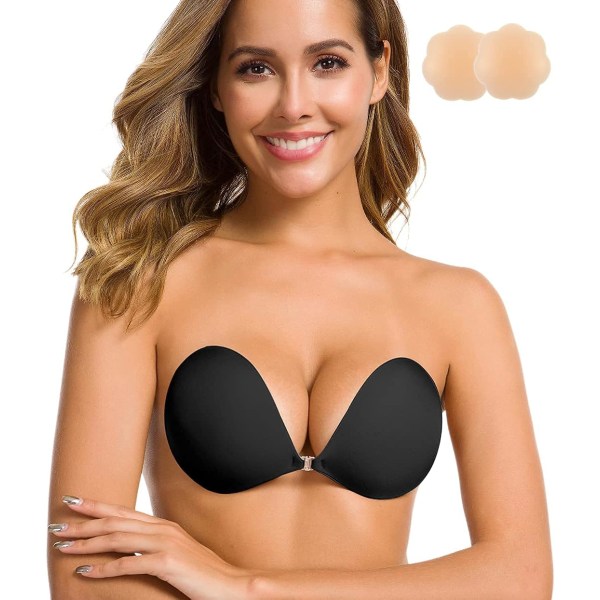 Självhäftande BH Axelbandslös Sticky Invisible Push-up Återanvändbar F Black