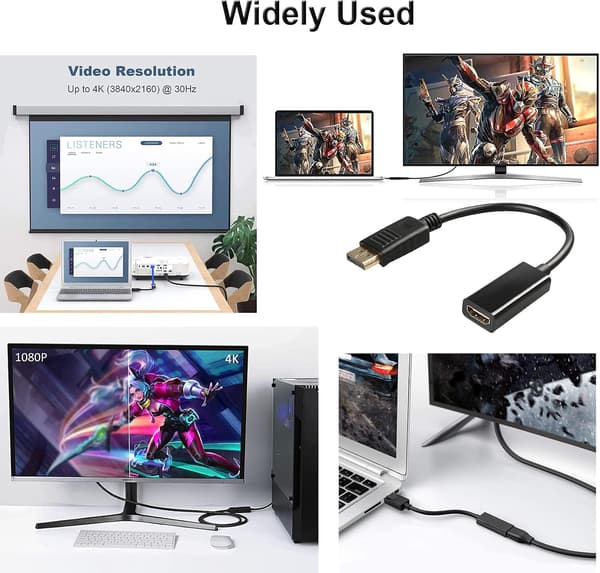 DisplayPort til HDMI-adapter, DP han til HDMI hun-kabel, 1080P 4K-opløsningskonverter (sort)