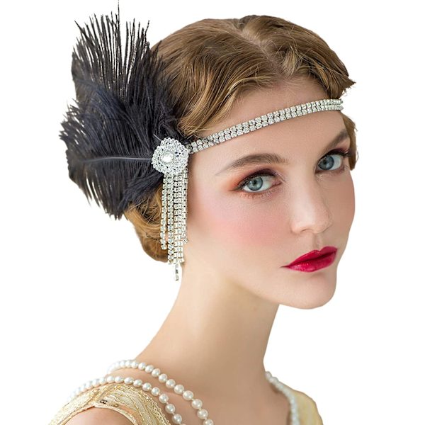 Huvudband för kvinnor från 1920-talet Stor Gatsby-inspirerad fjäder Black