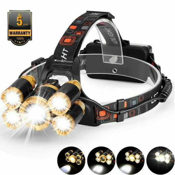Kraftig hodelykt 5x T6 LED inkl. batterier + 12V lader + bil