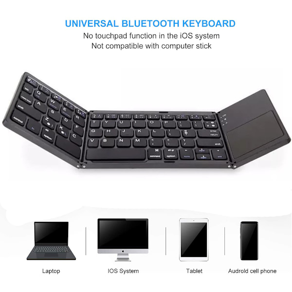 Tri-Fold Bluetooth Tastatur, Bluetooth Bærbart Mini Trådløst Tastatur med Touchpad Mus - Sort