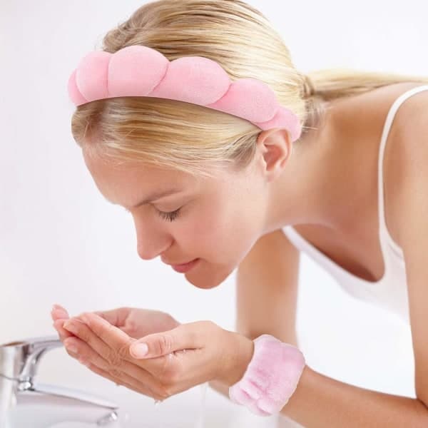 Sæt med 3 Sponge Spa Pandebånd til Ansigtsvask, Makeup Pandebånd og Armbånd Sæt