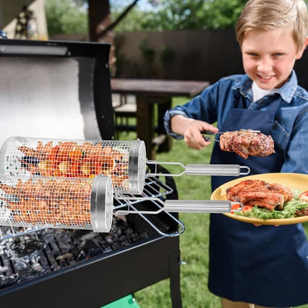 2 stk rullende grillkurver med avtakbart håndtak i rustfritt stål