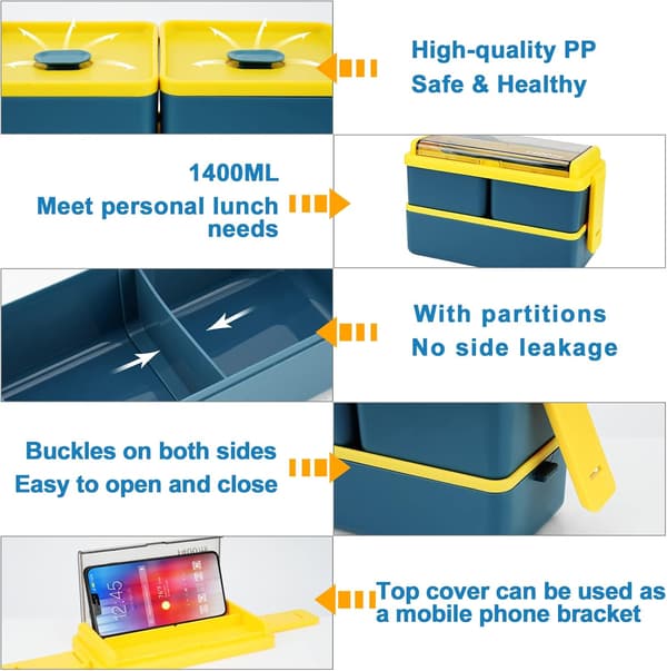 1400 ml Bento Matboks med Pose - 2-lags Matboks med 3 Rom og Sett, Matlaging Container Boks med Bento Bag