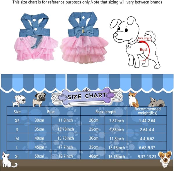 Kattekjoler til hunde, stribet nederdel med sløjfe (S, denimrosa)
