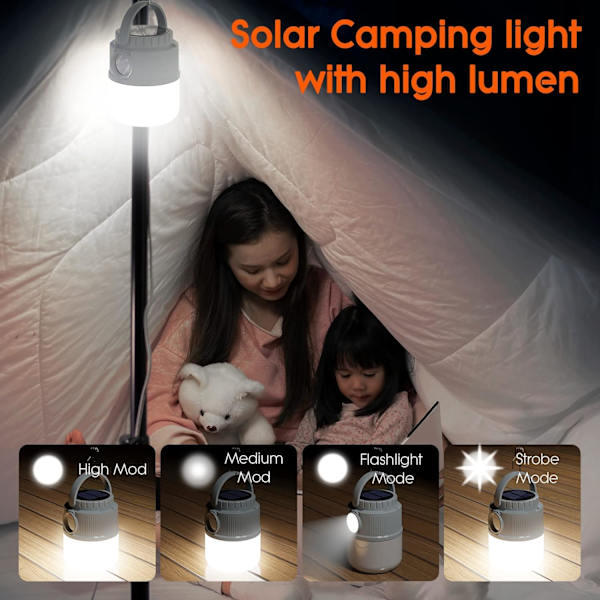 Oppladbar campinglampe, med 4 lysmoduser