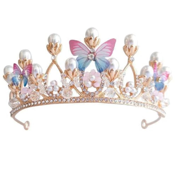 Flickor Tiara Butterfly Princess Crown Gold Pearl He