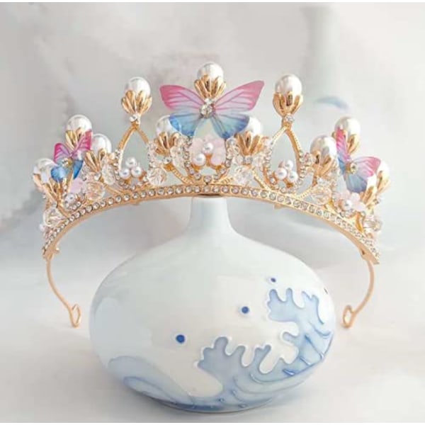 Flickor Tiara Butterfly Princess Crown Gold Pearl He