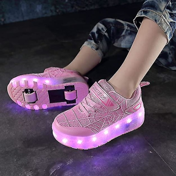 Spindelrullskridskor Lyser upp skor med USB laddningsbar Led Sport Sneak Pink 29