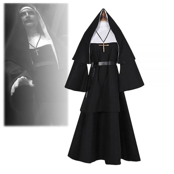 The Nun Cosplay Black Long Dress Scraf Costume Compatible Women The Co XL