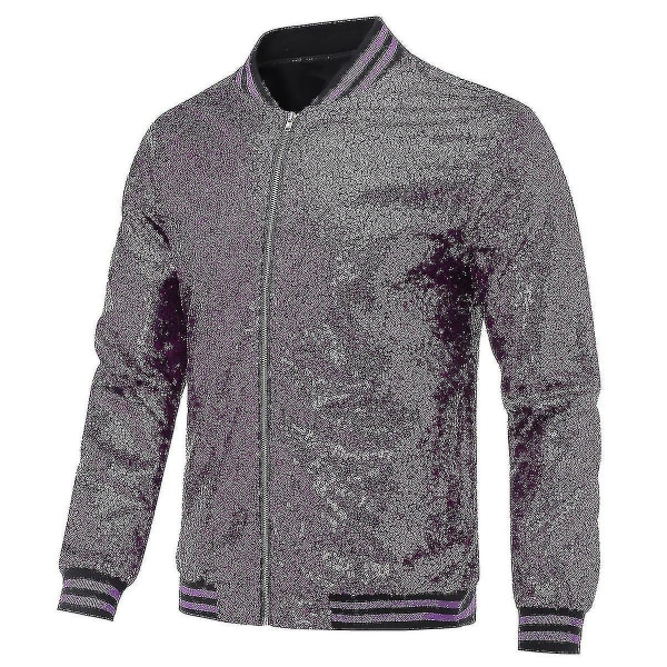 Mode mäns paljetter Casual jacka Party Bomber Zipper Coat Purple 2XL