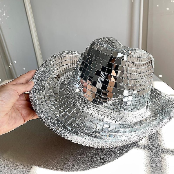 Spegel Disco Cowboy Hatt Fantastiska Disco Ball Hattar Reflekterande Glas Sequ