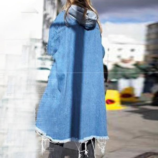 Damer Baggy jeansjackor Långärmad Dragsko Trench Coat Fall Hoo Light Blue L