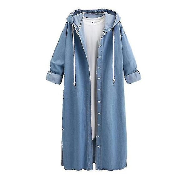 Damer Baggy jeansjackor Långärmad Dragsko Trench Coat Fall Hoo Light Blue L