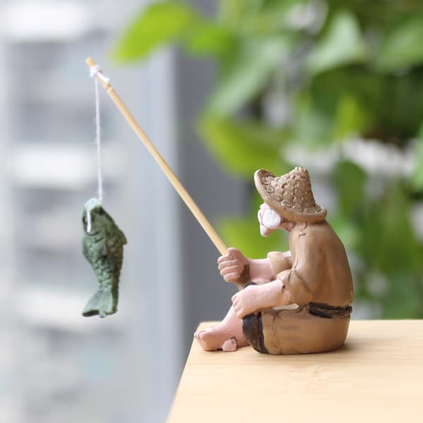 Fiske Old Man Resin Figur Staty Trädgård Prydnad Micro-Lands