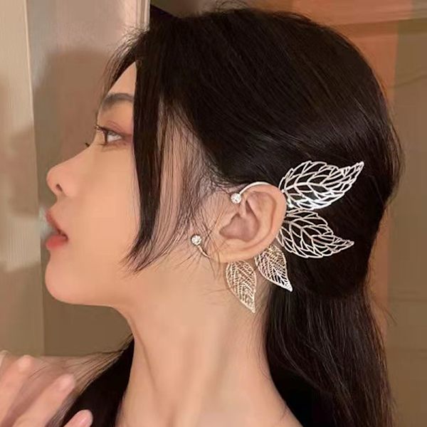 1 st Chic Elf Ear Cuff Maple Leaf Hollowed Zircon Leaf Cosplay Silver Left ear