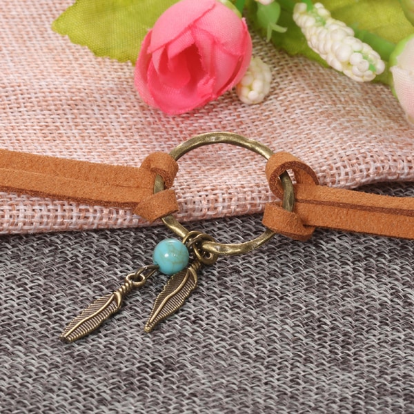 Kvinnor Bohemian Choker Boho Feather Bead Pendant Brunt Läder C