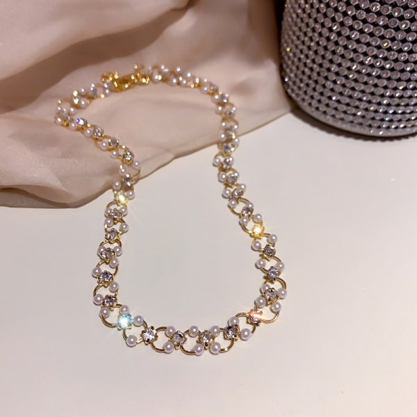 Nytt mode Choker Halsband Inläggningar Rhinestone Pearl Necklace