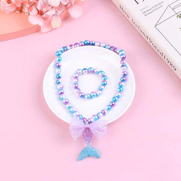 Baby Girls Beads Halsband Set Mermaid Tail Pendant Kids Adjusta Purple 2 pieces set