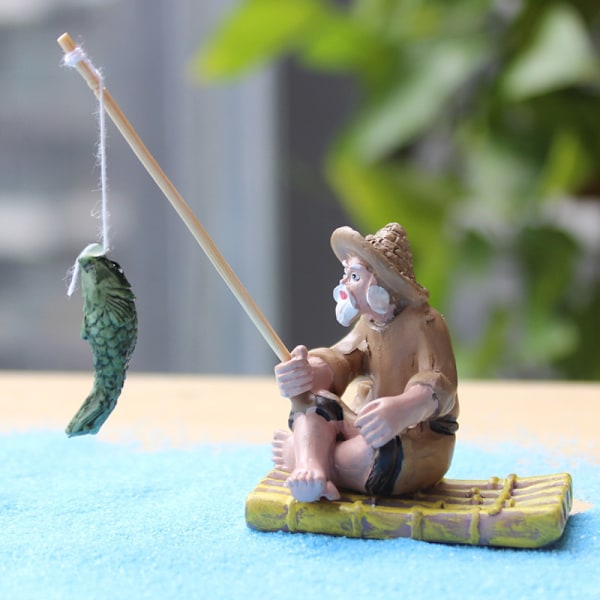 Fiske Old Man Resin Figur Staty Trädgård Prydnad Micro-Lands