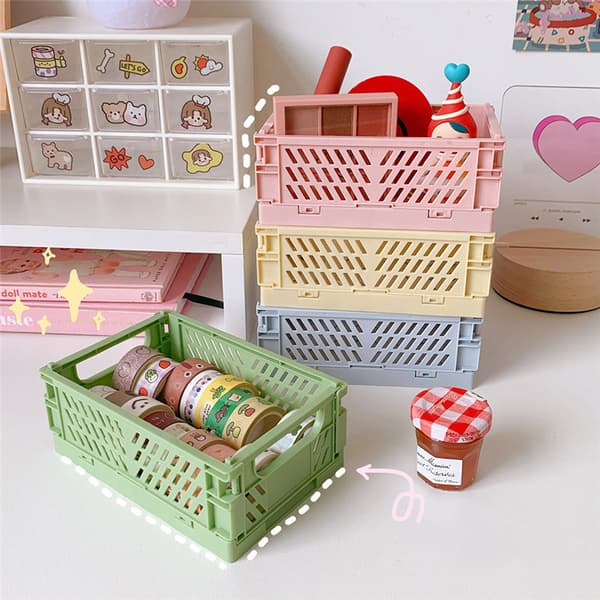 Mini plastförvaringslåda Hopfällbar förvaringsbehållare Desktop Pink S