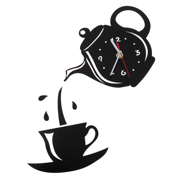 DIY akryl kaffekopp tekanna 3D väggklocka dekorativt kök Black