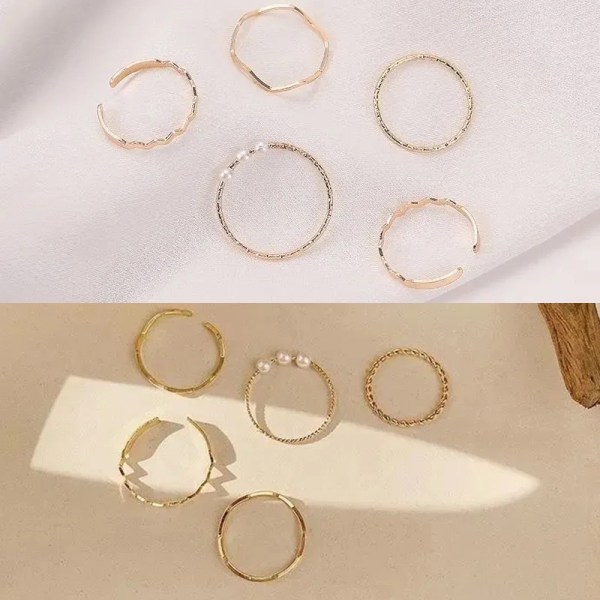 5PCS n Style Simple Pearl Finger Ring Set Öppning Justerbar R Gold