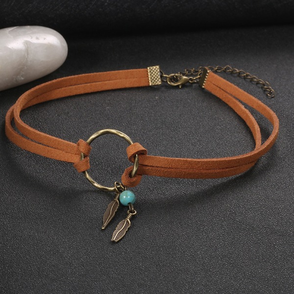 Kvinnor Bohemian Choker Boho Feather Bead Pendant Brunt Läder C