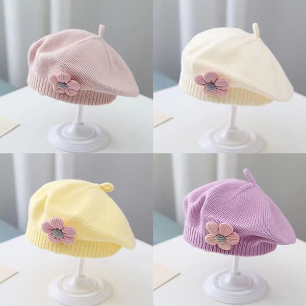 Blomma Baby Basker Hatt Enfärgad Vinter Varm stickad mössa Ca Beige