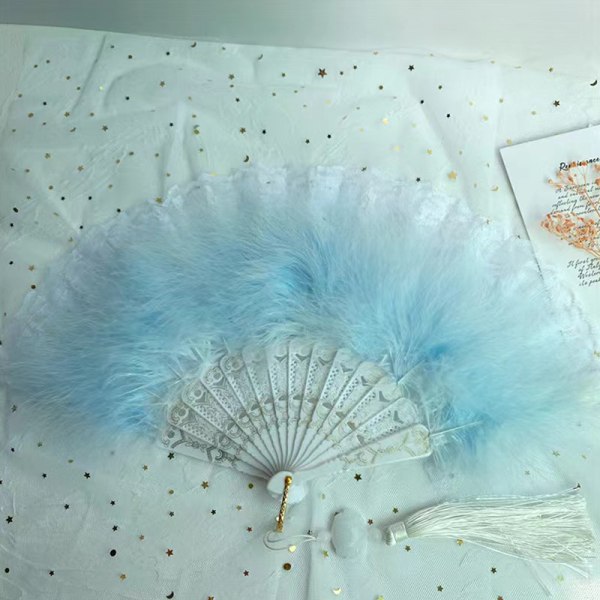 Lolita Feather Folding Fan Sweet Fairy Girl Dark Court Dance H Blue