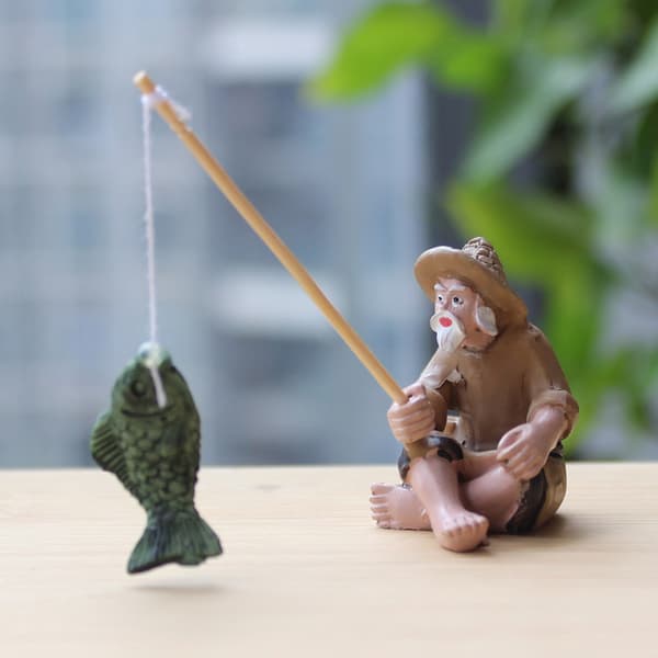 Fiske Old Man Resin Figur Staty Trädgård Prydnad Micro-Lands