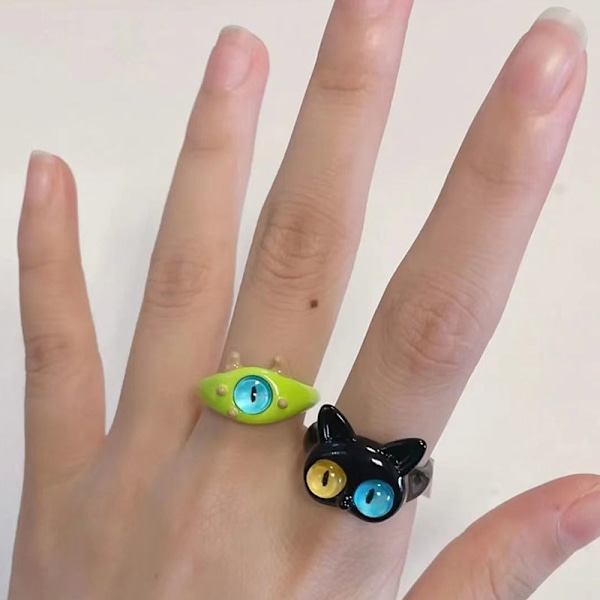 Black Cat Monster Ring för kvinnor Roliga Big Eye tecknade par R A3