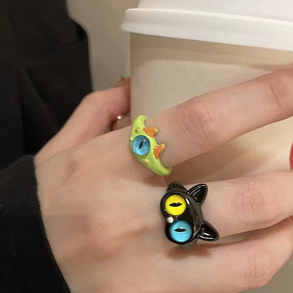 Black Cat Monster Ring för kvinnor Roliga Big Eye tecknade par R A3